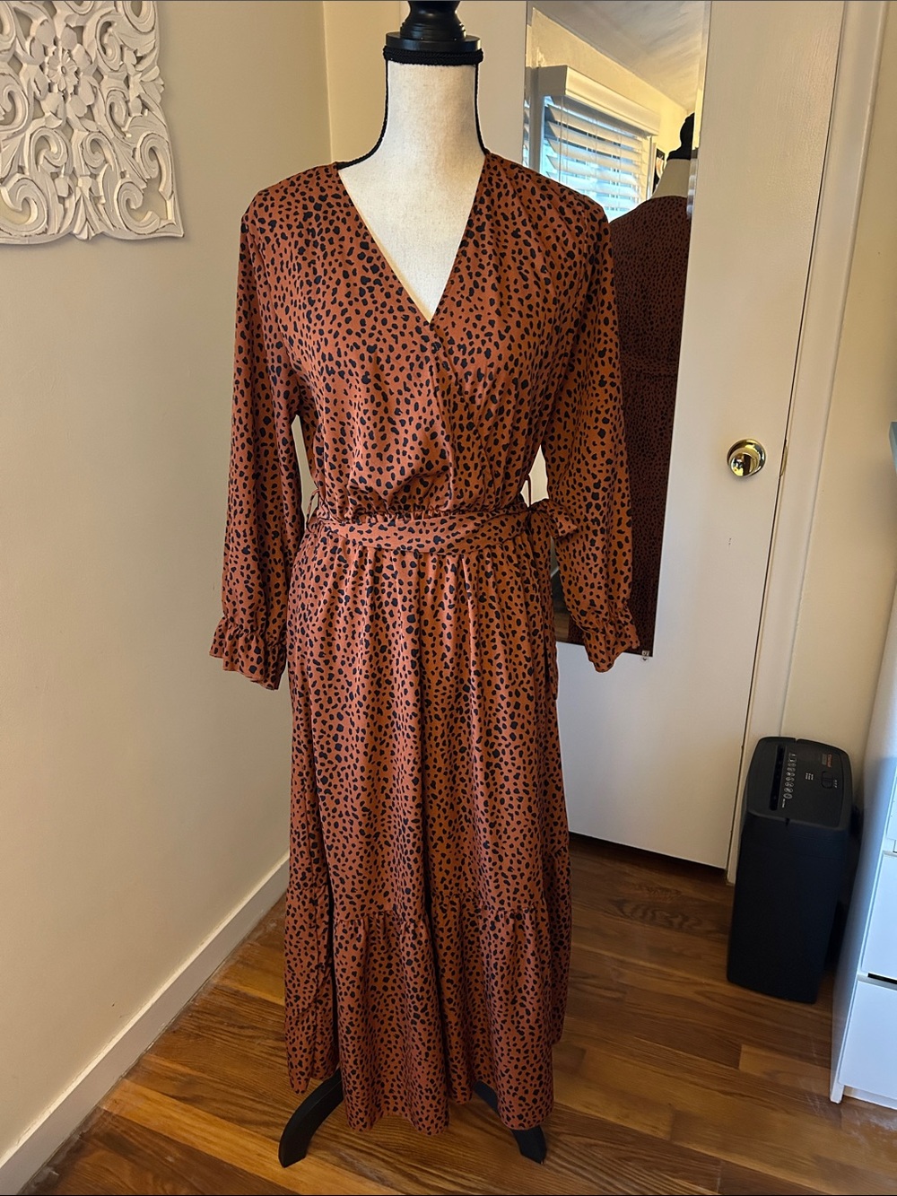 Rust Brown Printed Wrap Maxi Dress with Self-Tie Waist